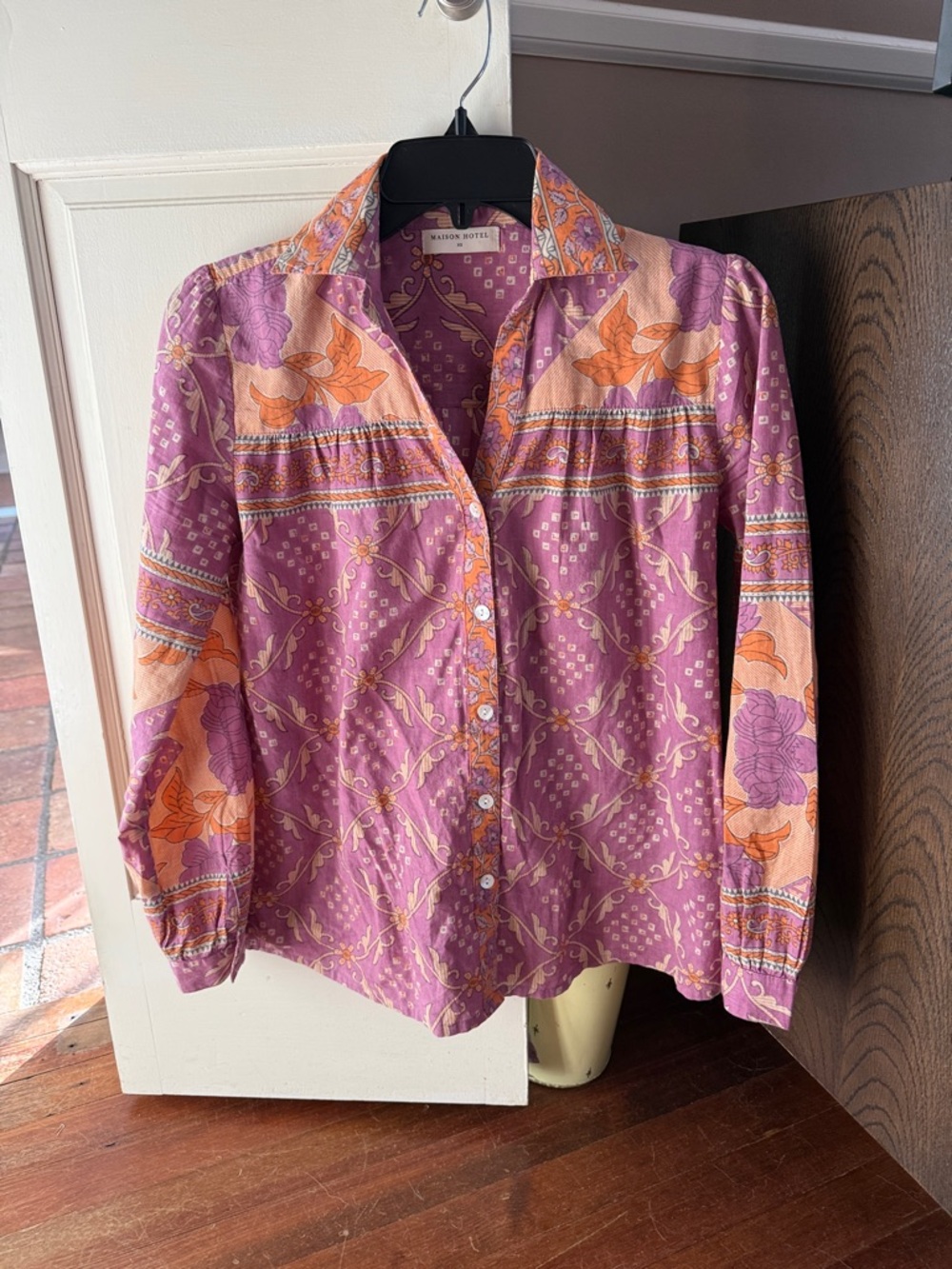Maison Hotel Purple and Orange Printed Button-Down Blouse